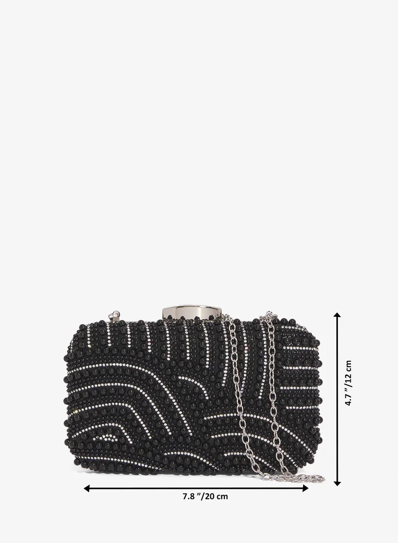 Khizana Black pearl detailed embellished black accent clutch for Women | Best Price UAE